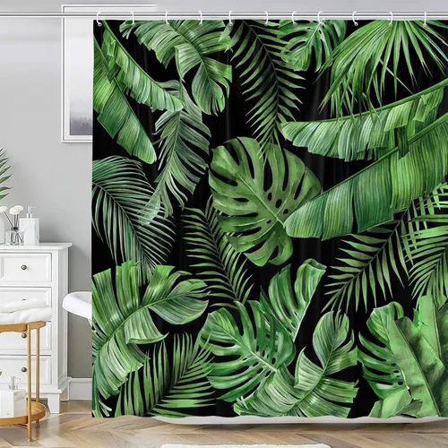 Cortina de Ducha de Hojas Tropicales, Cortina de Baño Decorativa Verde y Negra con Hojas de Palmera y Plátano, Juegos de Cortinas de Ducha de Tela