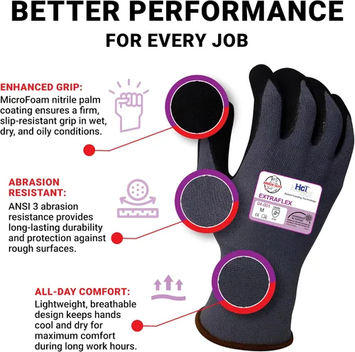 Miniatura 3 de Armor Guys Guantes de trabajo protectores extraflex con forro de nailon gris, revestimiento de palma de nitrilo de microespuma, guantes resistentes
