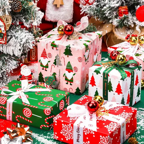 Miniatura 2 de WRAPAHOLIC Rollo de papel de regalo de Navidad de 30 pulgadas - Rollo jumbo rojo, verde y rosa de gnomo de Navidad y elfo festivo, colección de 4