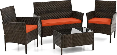 DORTALA Juego de muebles de mimbre para patio, 4 piezas, mesa y sillas de ratán de polietileno para exteriores con mesa de centro de vidrio Naranja