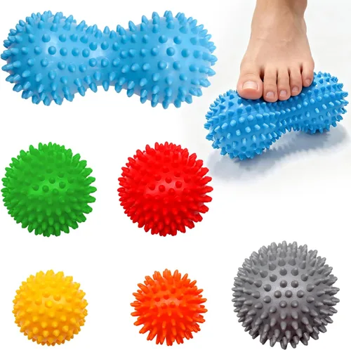 Juego de 6 bolas de masaje con puntas, bolas de rodillo muscular con textura dura/media/suave para alivio de la fascitis plantar, liberación