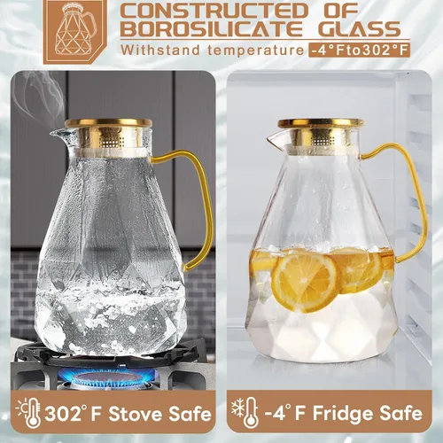Miniatura 3 de Jarra de vidrio Yirilan, jarra de agua de 2.4 litros con tapa, jarra de té helado para nevera, jarra de agua de vidrio con tapa, jarra de agua