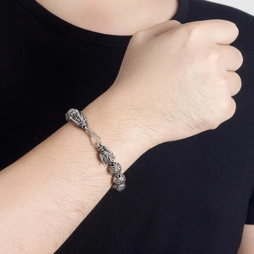 Miniatura 4 de Dankadi Pulsera de plata vintage para hombre, pulsera creativa de plata de ley 925 con dragón de 0.433 in, cadena de cuentas de 7-8-9-10 pulgadas
