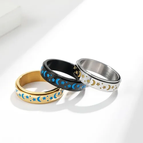Miniatura 5 de ANIEJUFI Anillo giratorio de acero inoxidable luminoso resplandor luna y estrella, alivio del estrés, anillos de ansiedad para mujeres, hombres