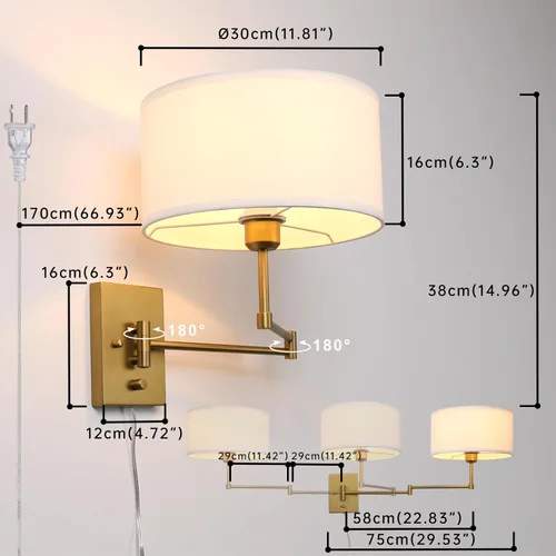 Miniatura 2 de Aplique de pared con cable enchufable de tela vintage, lámpara de pared con brazo oscilante para interiores con interruptor de encendido/apagado