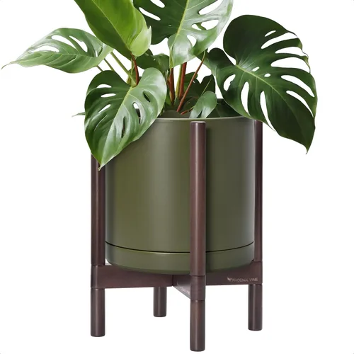Miniatura 33 de D'vine Dev Maceta de cerámica con soporte de ébano – Maceta redonda moderna de 8 pulgadas con soporte para maceta de madera, color negro, 55-B-M-2