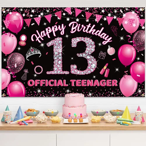 Miniatura 4 de Telón de fondo para fotografía de cumpleaños de 13 niñas, color rosa intenso, con purpurina y diamantes de color rosa intenso, para fotos de fiesta