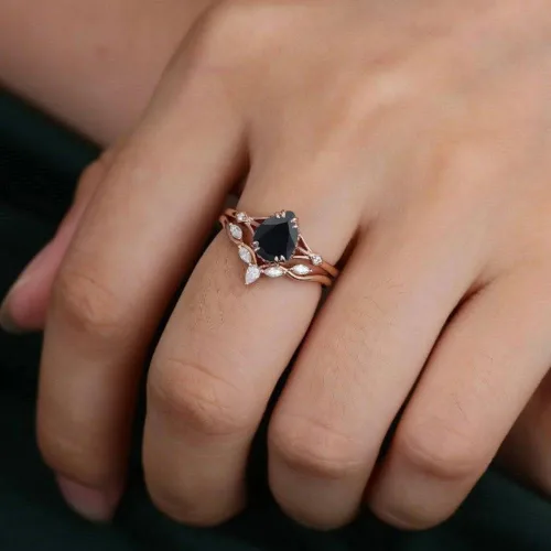 Miniatura 2 de Ssjewel 2 Ct Pear Cut Diamond Black Onyx Unique Nature Inspire Floral Bridal Engagement Ring For Women 14K Rose Gold Plated Stacking Band Sterling