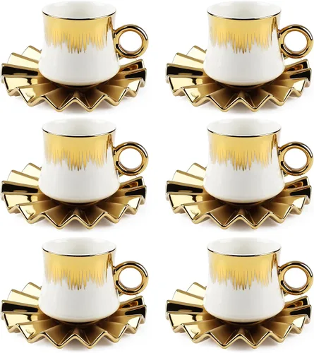 Juego de 6 tazas de café turco de cerámica de 3.5 onzas, tazas y platillos de porcelana para capuchino italiano británico con ribete dorado para