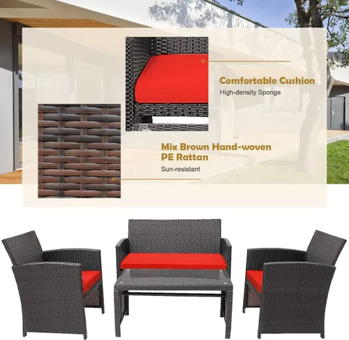 Miniatura 6 de HAPPYGRILL Juego de 4 muebles de mimbre para exteriores con mesa de centro de vidrio templado, cojines suaves, juego de sillas de ratán resistentes