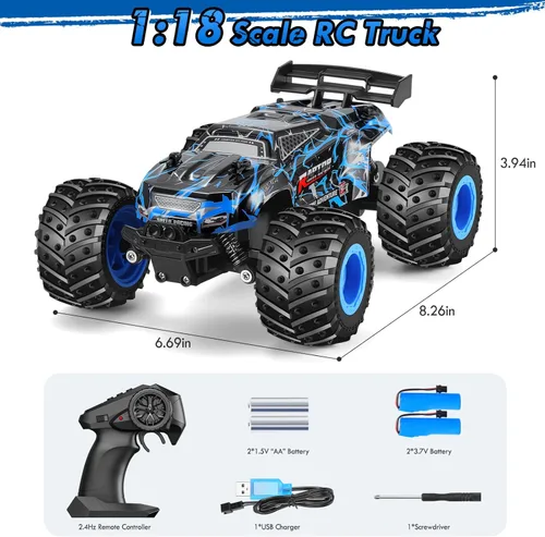 Miniatura 8 de Coche de Control Remoto, Coches RC a Escala 1:18, Camión RC Todo Terreno con Luz LED, 20KM/H, Recargable, 2WD, 2.4GHz, Carcasa de PVC Resistente
