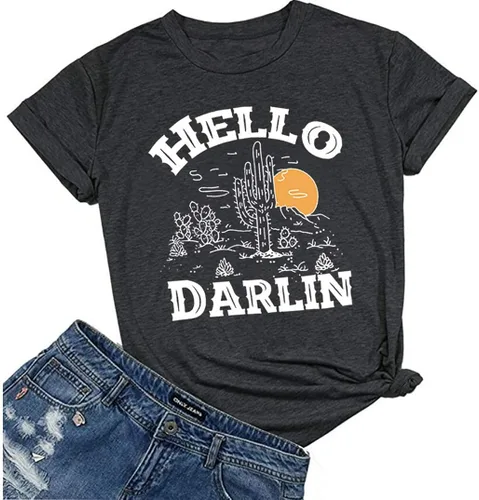 Hello Darlin - Camiseta bonita para mujer diseño de cactus con estampado de amanecer senderismo escalada de montaña divertida camiseta de manga corta