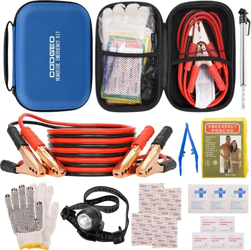 Miniatura 14 de Kit de emergencia en carretera para auto con cables de puente de batería, accesorios para auto para hombres o mujeres, kit de seguridad automotriz