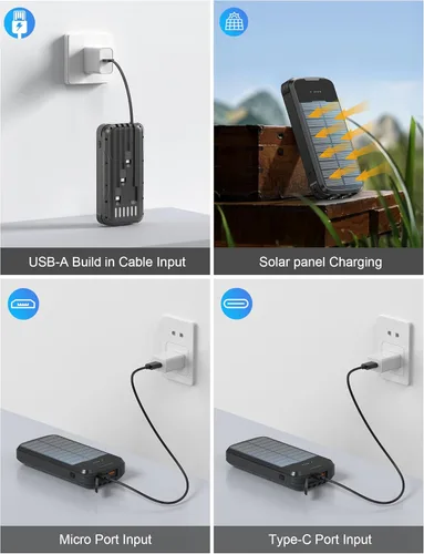 Miniatura 5 de Cargador Solar Power Bank, PD 20W Carga Rápida Batería Externa, 40000mAh Cargador de Teléfono Portátil con 4 Cables Integrados con Linternas