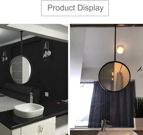 Miniatura 4 de Espejo redondo de metal montado en el techo con barra para colgar, espejo decorativo de baño, negro (diámetro-19.7 pulgadas)
