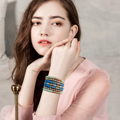 Miniatura 5 de Pulseras de cuentas de arcilla estilo heishi surfista para mujer, con discos de vinilo y dije de mal de ojo, apilables, pulseras elásticas