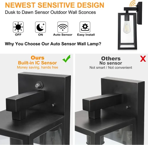 Miniatura 4 de SHINE HAI - Farol de pared exterior con sensor de atardecer a amanecer, lámpara de porche exterior con casquillo E26 y pantalla de vidrio