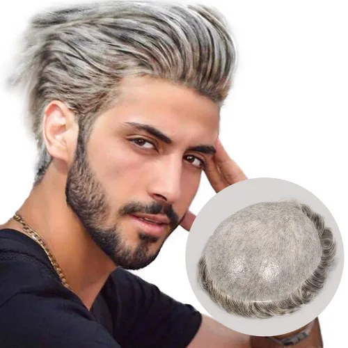 Amiable Toupee para hombres Single Knotted grey hair toupee para hombres Natural Wave Sistema de reemplazo para hombres (#1B60)