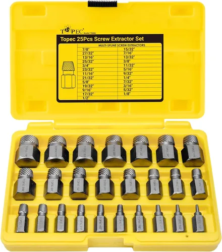 Topec - Juego de extractores de tornillos (25 unidades) con cabeza hexagonal, múltiples ranuras, extractor fácil de pernos, removedor de pernos 25