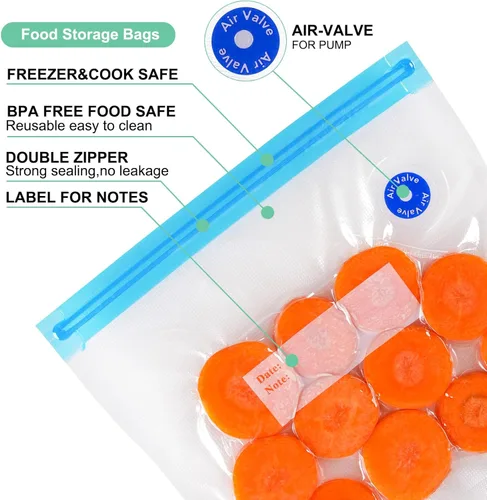 Miniatura 3 de Sous Vide - Bolsas de 31 unidades (24 bolsas con cremallera al vacío y 2 clips de sellado y 5 válvulas de aire), bolsas reutilizables sin BPA