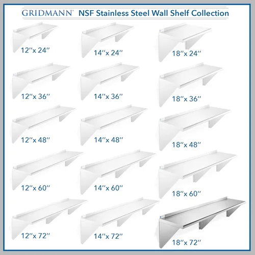 Miniatura 7 de GRIDMANN Estante de montaje en pared de acero inoxidable de 18 x 72 pulgadas con protector contra salpicaduras, grado comercial, estantería