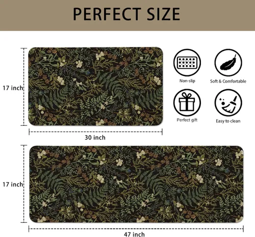 Miniatura 3 de Alfombras de Cocina Vintage Negras y Verdes Botánicas, Juego de 2 Alfombras de Cocina Antideslizantes Lavables, Tapetes de Cocina con Helechos