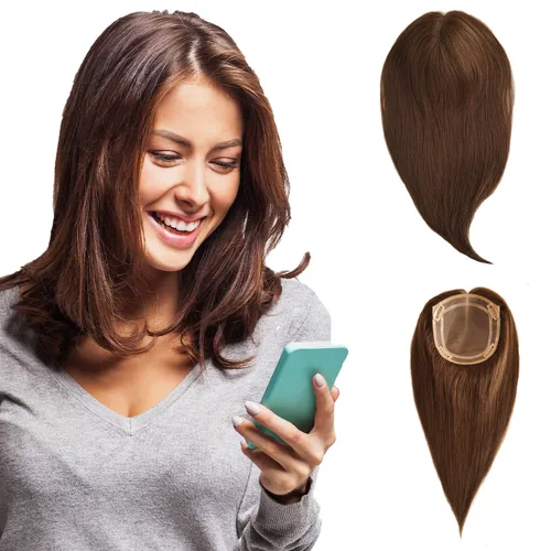 Miniatura 8 de Extensiones de cabello humano virgen de alta calidad de 12/20 pulgadas con clip para mujer, base mono de 5 x 6 pulgadas, repuesto negro natural