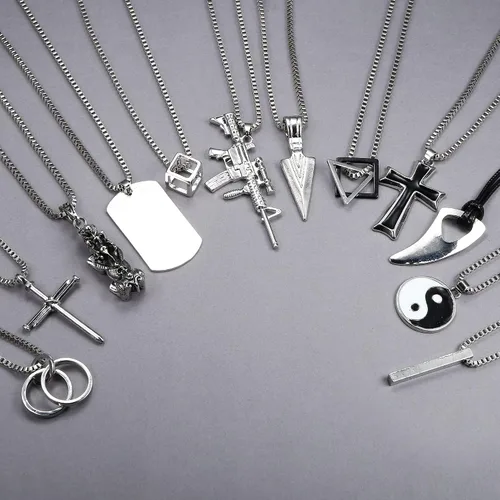 Miniatura 3 de FIASASO Juego de 12 collares con dije de acero inoxidable para hombre, collar gótico genial, cruz gótica, placa de perro Yin Yang, triangular, juego