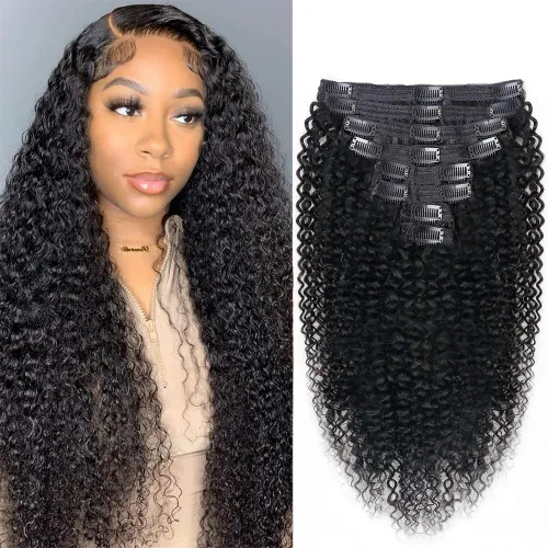 Miniatura 19 de Extensiones de cabello humano rizado con clip, 3C 4A, rizado con clip, cabeza completa, para mujeres negras, cabello humano brasileño Remy