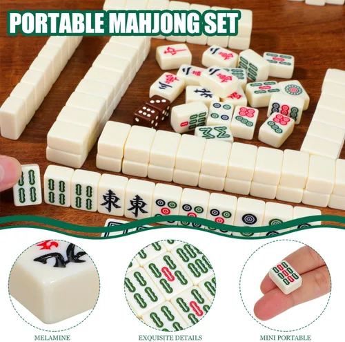 Miniatura 4 de BESTOYARD Mini juego de mahjong de viaje portátil con 146 azulejos marrón estuche de transporte para adultos principiantes y ancianos, reuniones