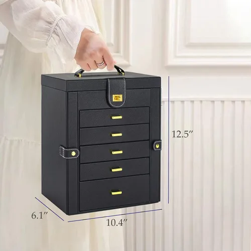 Miniatura 6 de AKOZLIN Joyero grande organizador funcional con cerradura con espejo grande, estuche de almacenamiento de joyas de cuero para mujeres y niñas