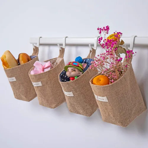 Miniatura 3 de Paquete de 4 bolsas de almacenamiento para colgar en la pared, bolsas de almacenamiento colgantes de algodón y lino, cesta de almacenamiento