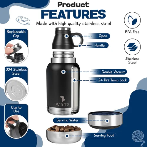 Miniatura 4 de Botella de agua portátil para perros con 2 cuencos de agua extraíbles para perros, botella de agua de acero inoxidable aislada a prueba de fugas