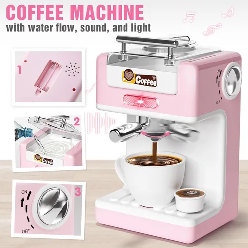 Miniatura 3 de Juego de juguetes de cocina para niños, 7 piezas sin BPA, aparatos de juego de simulación con sonido ligero, cafetera, batidora, batidora, tostadora