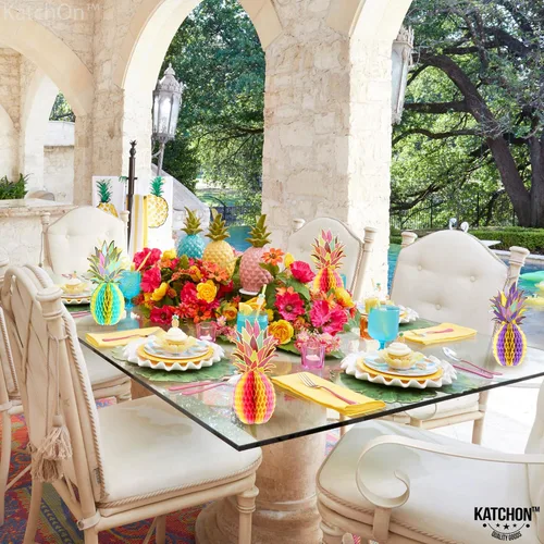 Miniatura 7 de KatchOn, Enorme centro de mesa de piña para mesas, 12 pulgadas, paquete de 6, decoraciones de fiesta Luau, decoración de fiesta tropical, de playa