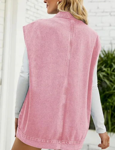 Miniatura 5 de Chaleco de mezclilla con capucha para mujer, sin mangas, con solapa y botones y bolsillos con capucha