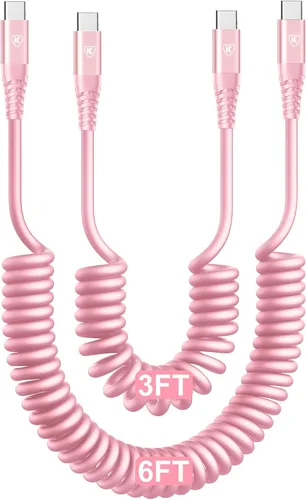Miniatura 14 de Cable USB C a C de 3 pies, paquete de 2 cables de carga USB C en espiral para automóvil tipo C, cable de carga rápida para iPhone