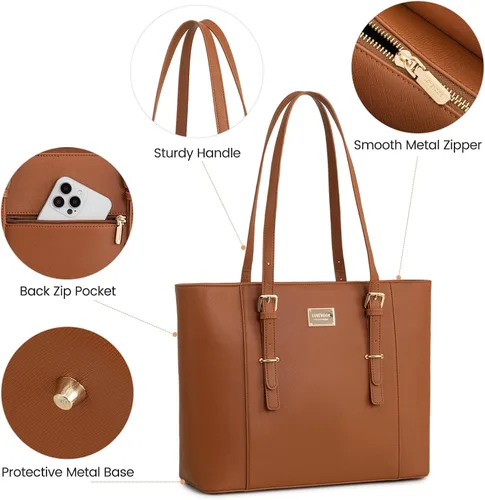 Miniatura 7 de Bolsa para laptop para mujer, bolso grande de oficina, maletín para hasta 15.6 pulgadas (versión actualizada), color marrón