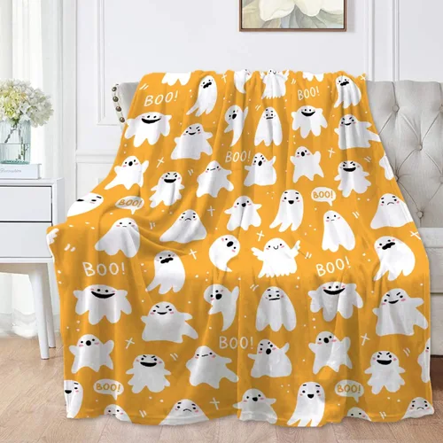 Manta amarilla con diseño de dibujos animados y fantasma, ligera, para mujeres y hombres, suave y acogedora manta de forro polar para sala de estar,