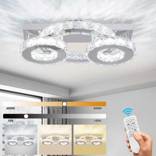 Miniatura 2 de Lámpara de techo de cristal regulable, moderna lámpara de techo de cristal de 3 anillos LED de montaje empotrado para comedor, dormitorio, sala