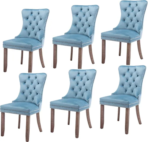 Miniatura 25 de Juego de 6 sillas de comedor modernas para sala de estar, cocina, patas de madera maciza, cojín acolchado de tela de lino, asiento y respaldo