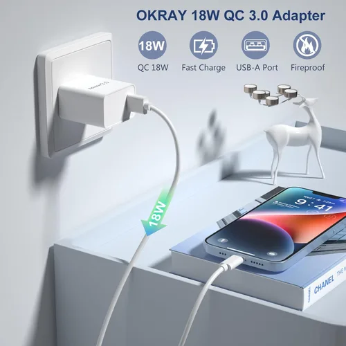 Miniatura 4 de OKRAY - Enchufe de pared USB, paquete de 2 unidades de 18 W, bloque de carga rápida 3.0, adaptador de corriente de carga rápida, cargador de viaje