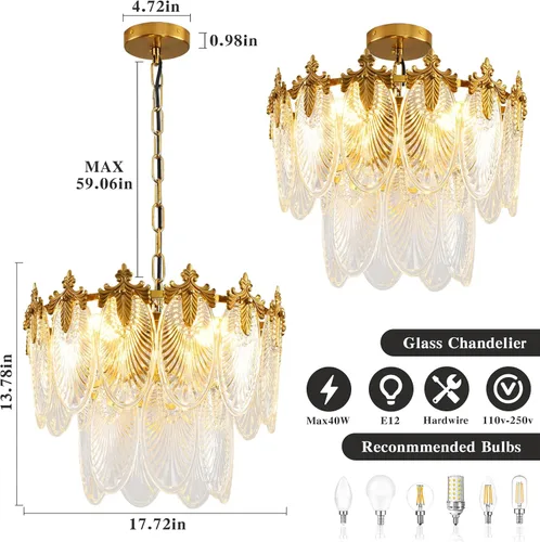 Miniatura 3 de Antique Chandeliers 2-Layer Gold Crystal Glass Chandelier, 4-Light Round Pendant Light 17.7" Brushed Brass Adjustable Height, Applicable to Dining