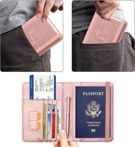 Miniatura 6 de ACdream - Funda para pasaporte, billetera o cartera de viaje de piel con bloqueo RFID para pasaporte con cierre de banda elástica, Ab-oro rosa)