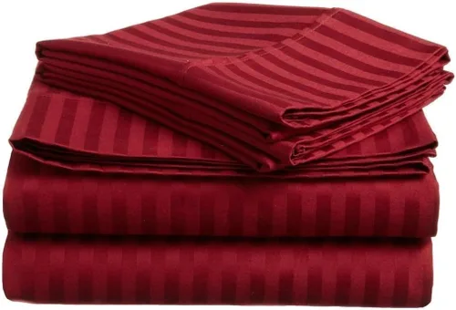 RBS Bedding's Juego de sábanas de algodón egipcio de 650 hilos, 4 piezas, tamaño King (76 x 80 pulgadas), rayas burdeos (sábana bajera ajustable