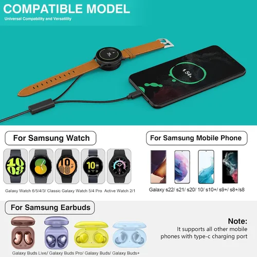 Miniatura 2 de Cargador magnético 2 en 1 USB-C para Samsung Galaxy Watch 7/6/5/4/3/Classic, Pro 5/4, Active Watch 2/1, Galaxy Buds/Live/+, cable de carga rápida