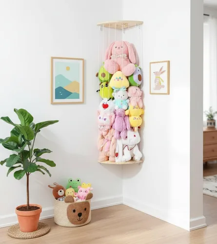 Miniatura 6 de Red de Almacenamiento de Animales de Peluche de Esquina - Organizador de Animales de Peluche de Madera de Altura Ajustable - Soporte de Felpa