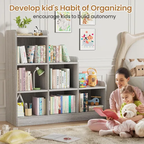 Miniatura 5 de Derfullo Estantería para libros, organizadores y almacenamiento de juguetes de 6 cubos, estantería Montessori pequeña de suelo abierto para Gris