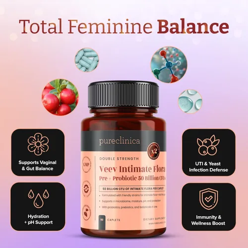 Miniatura 4 de pureclinica Veev Flora íntima - Soporte para microbioma vaginal e intestinal - 50 mil millones de UFC - Probióticos, prebióticos, arándano