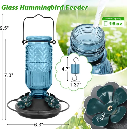 Miniatura 3 de FEED GARDEN Comedero de vidrio para colibríes para colgar al aire libre, comedero de colibríes de 16 onzas con 4 puertos de alimentación con Azul